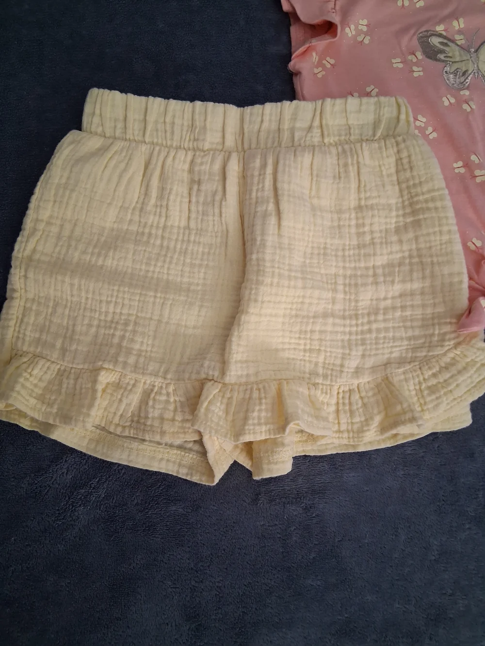 Girls Pink Butterfly Top & Yellow Ruffle Shorts Matching Set